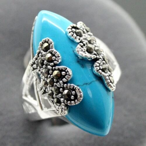 Wholesale Rare Vintage Style Blue Natural jade & Marcasite 925 Silver Ring Size 7.8.9.10
