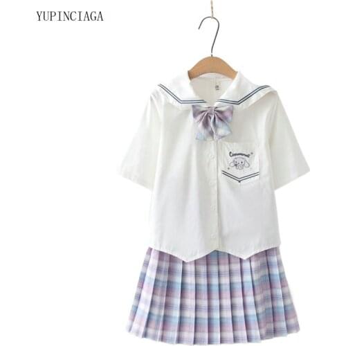 Korean Preppy Style Women Sets Cartoon Embroidery Short Sleeve Shirt Uniform Skirt Set 2021 Summer Femme 2 Pieces Set 2115598