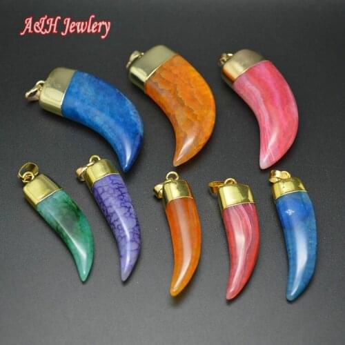 Mixed Color Natural Stone Fang Shape Pendant Gold Color Jewelry For Men and Women Jewelry 5pc/lot