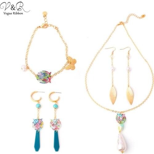 2020 New Diy Jewelry Package Gold Necklace Earring Bracelet Set With Irregular Simulated Pearl Metal Leaf Owl Charm Diy Findings