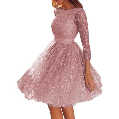 Summer Dress Women Elegant Round Neck See-through Sequins Long Sleeve Backless Knee-Length Dress Wedding Party Female Vestidos