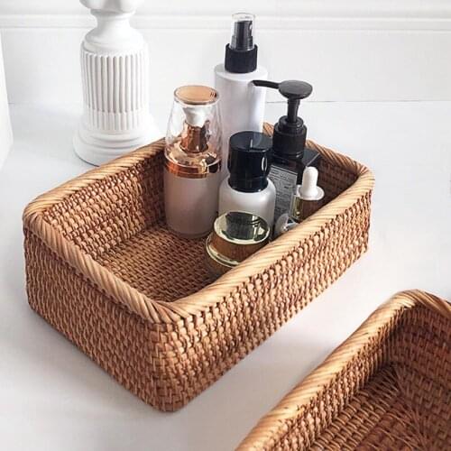 Hand-Woven Rectangular Rattan Wicker Basket Fruit Tea Snack Bread Picnic Cosmetic Storage Box Kitchen Supplies Household Tools