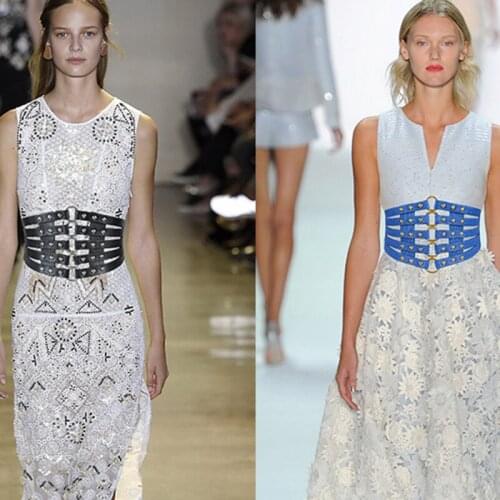 Brand Design Vintage Metal Ring Belt Gold Ladies Women Belts Female Fashion Rivet Wide Waist Elastic 5 Straps PU Belt