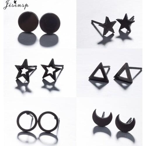 Jisensp Black Stainless Steel Geometric Stud Earrings for Women Men Small Round Heart Moon Star Moon Ear Piercing pendienes