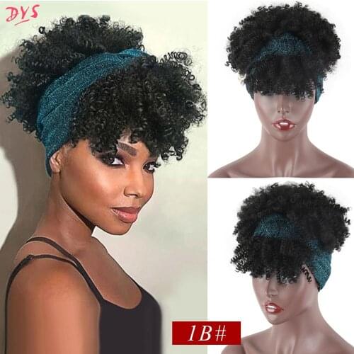 Deyngs Synthetic Wig Short Kinky Curly Turban Wrap-wig 2 in 1 Afro Puff Hairband Bun with Bangs Drawstring Headwrap With Bangs
