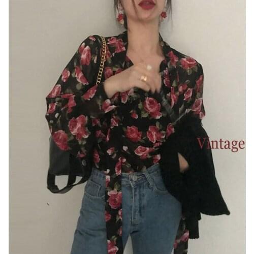 Bella philosophy Women Sexy Floral Chiffon Blouse Bow Tie Collar Long Sleeve Female See Through Chic Tops Blusas Korean