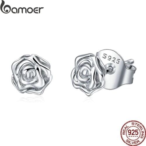 BAMOER Authentic 925 Sterling Silver Romantic Rose Flower Stud Earrings for Women Fashion Sterling Silver Jewelry BSE012