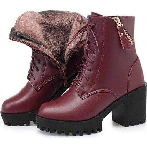 Krasovki Winter Boots Wool Women Thick Bottom High Heel Fur Warm Genuine Leather Plush Ankle Boots Platform for Women Snow Boots