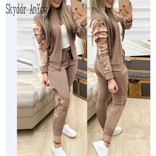 Women Long Sleeve Sequins Patchwork Jack And Drawstring Long Pants Sets Casual Fall Two Piece Set Female Outfits