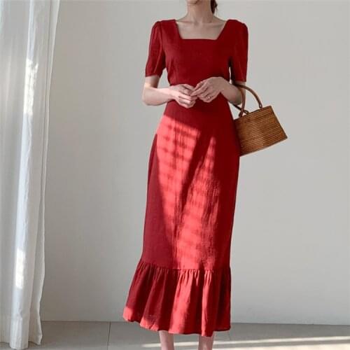 New 2021 Women Spring Summer Dresses Lace Up Bow High Waist Square Collar Trumpet Cotton and Linen Long Dress
