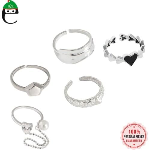 ElfoPlataSi Real S925 Sterling Silver Heart Geometric Leaves Pearl CA Adjustable Ring For Women Wedding Party FineJewelry DD1225