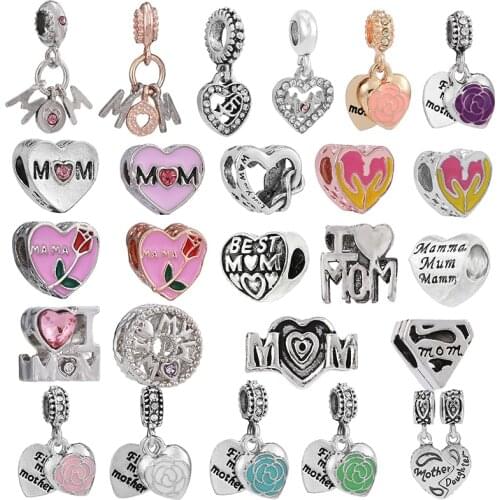 TOGORY 2Pcs/Lot 24 Styles I LOVE MOM Charm Beads Pendant Fit DIY Brand Bracelets Necklaces For Women Mother Jewelry Gift Making