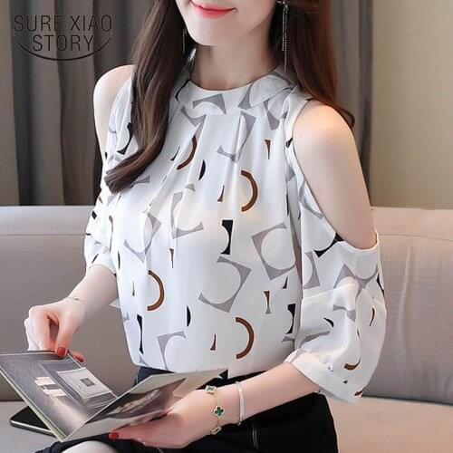 2021 Summer O Neck Short Sleeve Lady Tops Off Shoulder Chiffon Shirt Women Casual Korean Style Loose Print Blouse Women 9499 50