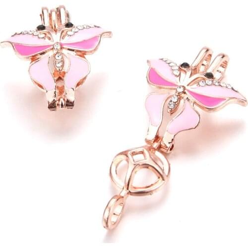 5pcs Rose Gold Pink Butterfly Pearl Cage Locket Pendant Jewelry DIY Bead Cage Aroma Essential Oil Diffuser Box For Oyster Pearl