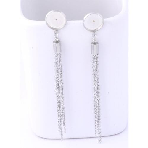 6pcs Stainless Steel Stud Earring Base Blanks 12mm Cabochon Bezel Settings With Chain Tassel Charms Diy Accessories