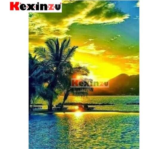 5D DIY Full Square/Round Drill Diamond Painting "Sunset coconut tree" Embroidery Mosaic Cross Stitch Wall Stickers Decor Gift X0