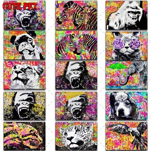 Full Round Drill Graffiti 5D DIY Diamond Painting Embroidery Rhinestone Pasted animal Orangutan Zebra Cat dog Cross Stitch decor