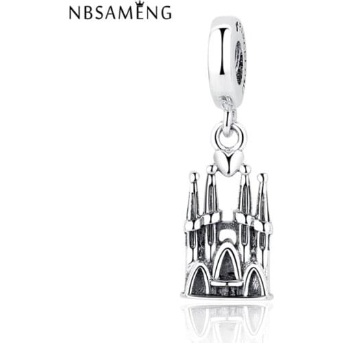 Authentic 925 Sterling Silver Bead Charm Vintage Barcelona Castle Heart Pendant Beads Fit Bracelet DIY Jewelry Gifts