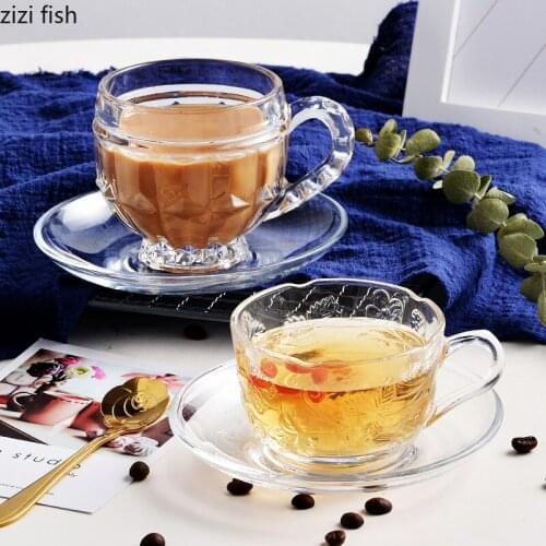 Household Clear Glass Coffee Cup with Spoon European Breakfast Snack Saucer Milk Cup Coffee Table Desktop Coffee Cup Mug Modern