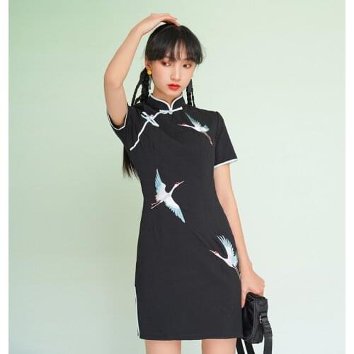 Black Cheongsam Young New Girl Modified Version of National Tide Chinese Style Dress Small Short