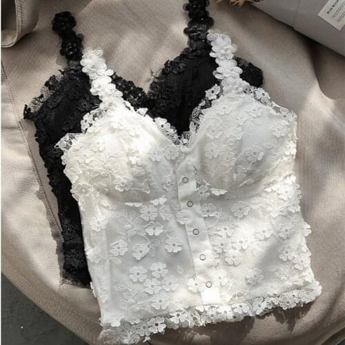 French Sexy Lace Camisole Summer Breathable Crop Top Pads Push Up Triangel Cups Sexy Tube Top Black White