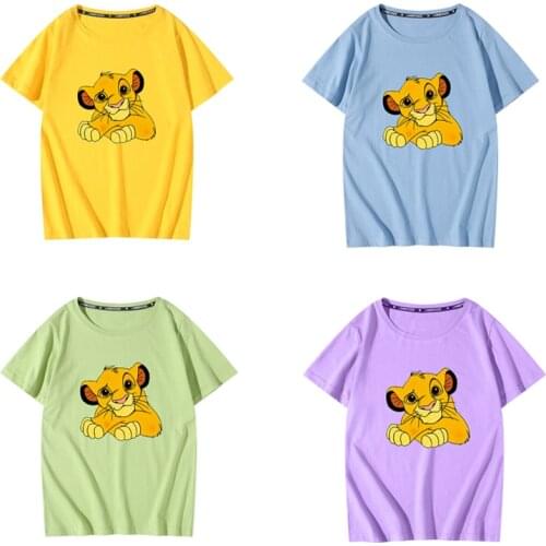 New Summer Parent-child Color Tshirt Simba Cartoons Print Streetwear Base Cotton Loose T-Shirt Children Tees Clothes Kawaii