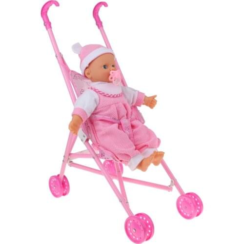 Dollhouse Nursery Furniture Toy 14inch Vinyl Reborn Doll & Baby Stroller Carriage Set Kids Pretend Play Toy Baby Doll Accessory