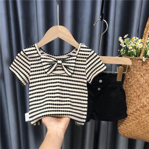 Girls Clothing Sets Striped Bow Tops Summer Short Sleeve T-shirt Shorts Pants 2Pcs for Kids Clothing Sets Baby Clothes Outfits
