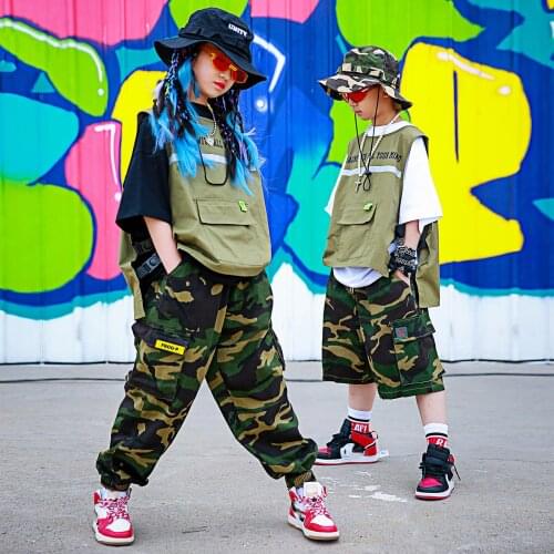 Kids Loose Green Vest Camouflage Shorts Suit Hip Hop Dance Clothing Children Jazz Modern Dance Costumes Rave Clothes DQS7191