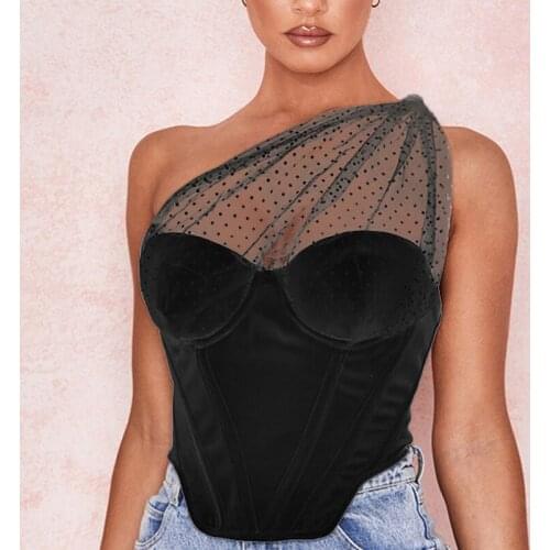Summer Black Crop Tops Women Splice Polka Dot Mesh One Shoulder Sexy Tank Top Push Up Padded Boned Corset White 2020