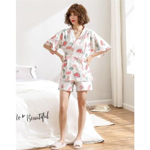 Summer Woman Japanese Kimono Set 2pcs Cute Print Yukata Pajamas Sleepwear Nightgown Indoor Leisure Cardigan Bathing Robes