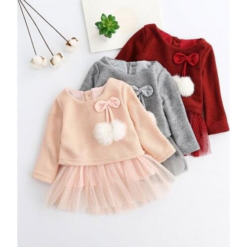 Fashion Toddler Infant Baby Kid Girls O-Neck Solid Colors Long Sleeve Knitted Fuzzy Bow Ball Tutu Princess Party Dress 0-24M#p4