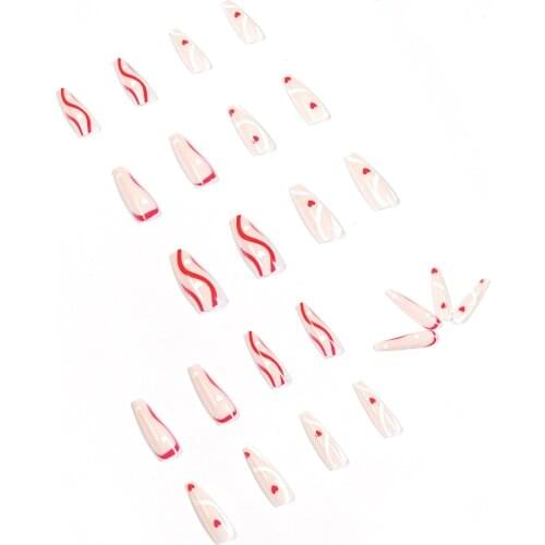 Fake Nails Long White Wavy Lines Love Nail Stickers Finished Nail Stickers 24 Nail Stickers With Glue SANA889