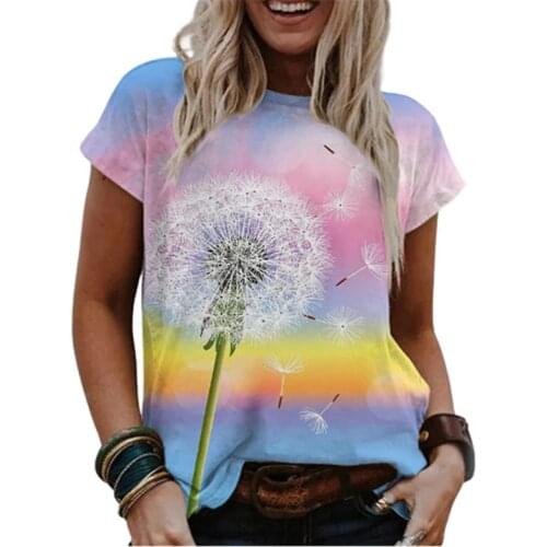 New Watercolor Painting Rainbow Gradient Women T Shirt 2021 Summer Short Sleeve O-Neck Tops Lady 3D Dandelion Tee Top Plus Size