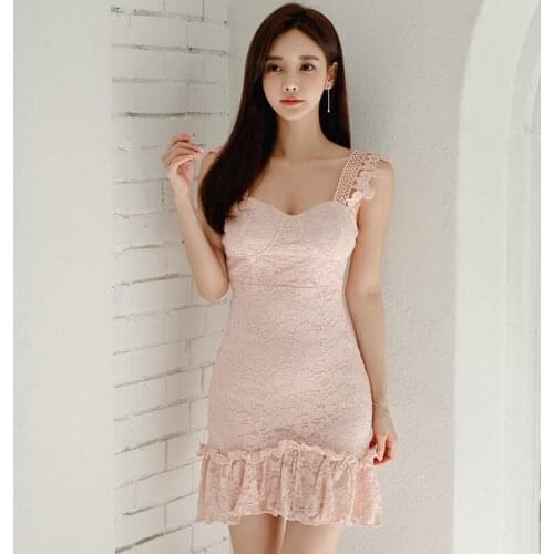 New arrival fashion sexy strap lace party dress women elegant summer temperament sweet pink ruffle mini mermaid dress