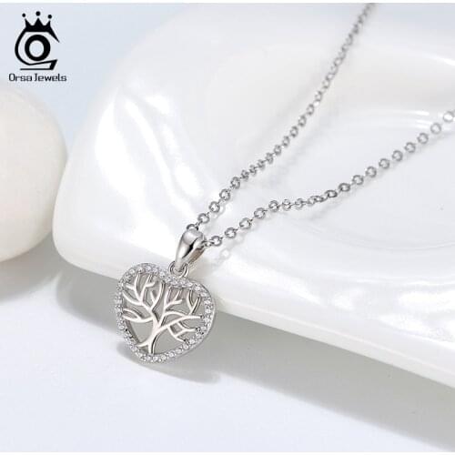 ORSA JEWELS Pure 925 Silver Life Tree Pendant Necklace Sterling Silver Romantic Love Heart Necklace Beautiful Jewelry OSN225