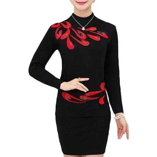 Autumn Winter Warm Pullovers Sweater Middle-Aged Women Flower Printed Wool Sweaters Female Noble Plus size Knitting shirt A681