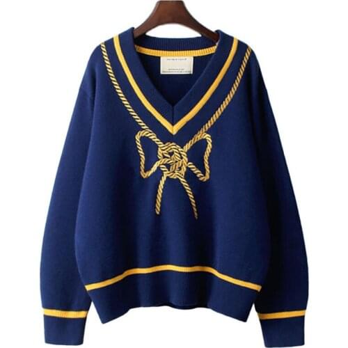 Preppy Style 2021 Autumn Fashion Women Long Sleeve V-Neck Knitted Sweaters Oversize Casual Bow Print Loose Pullovers