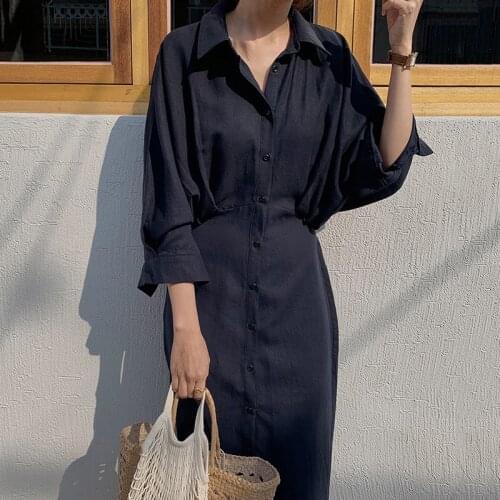 ZCSMLL Simple fashion Lapel Single-breasted women dresses Waist Slimming Over The Knee Loose Shirt Dress 2021 Korean Chic