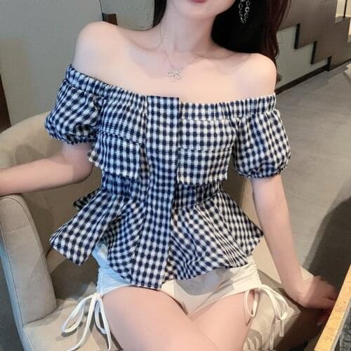 QOERLIN 2021 Women Plaid Blouses Shirts Ladies Casual Slash Neck Blusas Tops Waist Slim Korean Style Tops Shirts Summer Elegance