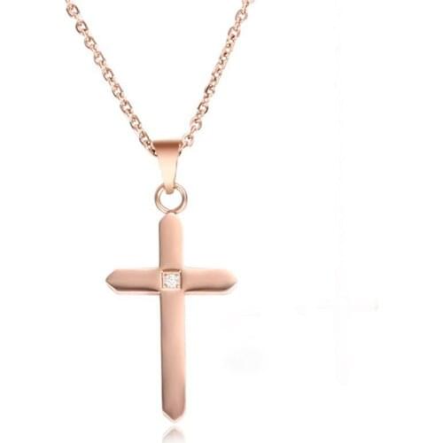 RIR Catholic Religious Men Women Rose Gold Crystal Cross Pendant Necklace Jewelry In Stainless Steel