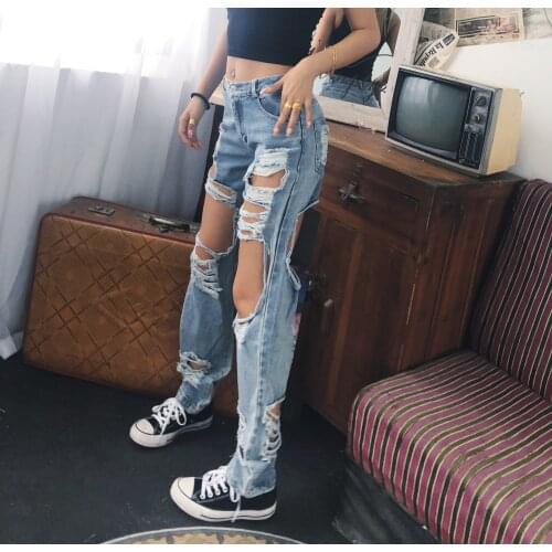 European and American Summer New Denim Personality Oversized Ripped BF Style Beggar Big Hole Jeans Women Fashion Streetwear 2021