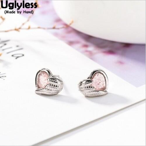 Uglyless 100% Solid 925 Silver Fine Jewelry for Women Handmade MINI Heart Ear Studs Natural Strawberry Quartz Earrings Love Gift
