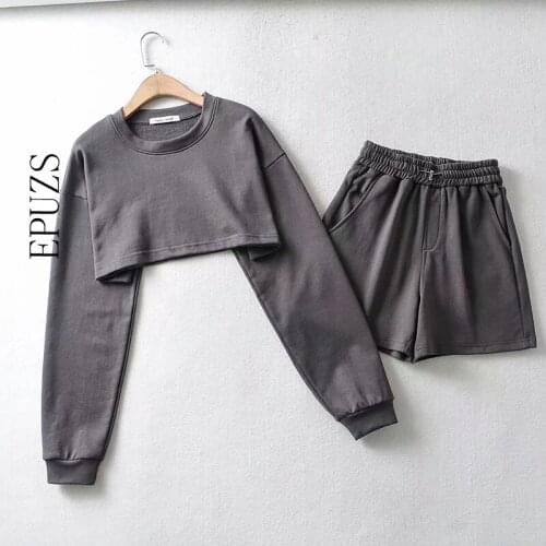 2021 women Two Pieces Set vintage long sleeve crop hoodies+ high waist shorts female Tracksuits suit women two sets