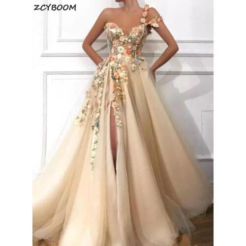 Champagne Prom Dresses 2021 Women Formal Party Night Elegant A-Line One-Shouder Appliques Vestidos De Gala Long Evening Gowns
