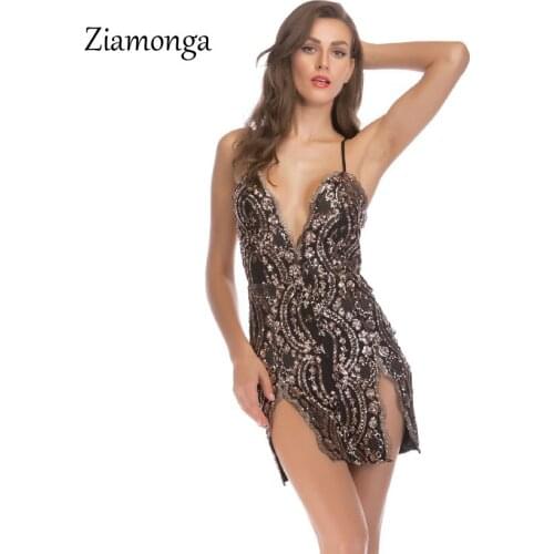 Ziamonga 2019 Hot Sequin Backless Bandage Dress Bodycon Women Sexy Nightclub Party Mini Dress Deep V Neck Bandage Summer Dresses