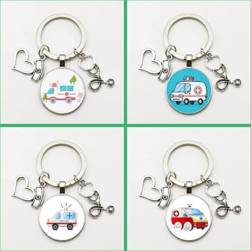 1pcs New Ambulance Pendant Keychain Glass Convex Round Jewelry Pendant Nurse Doctor Gift Souvenir Handmade DIY for Man