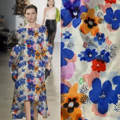 145cm*100cm designer printed fabric blue flower pattern digital printing imitation silk satin sewing skirt shirt fabric