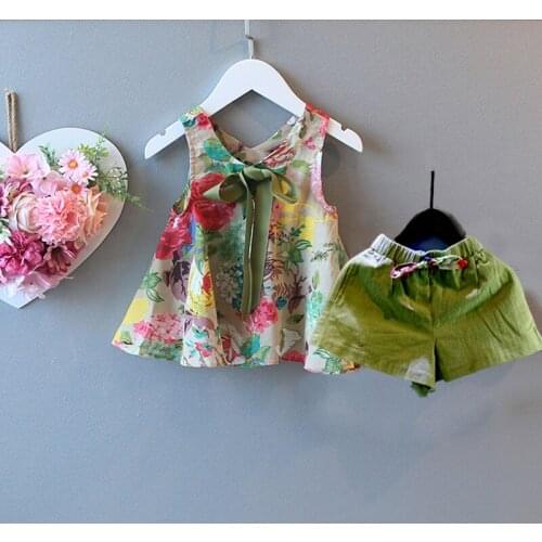 2pcs Set Baby Girl Clothes Toddler Kids Girls A Shape Floral Print V Collar Sleeveless Dress And Short Pant Cheap-clothes-china