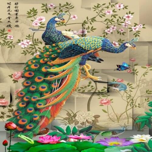 Dropship Colomac Custom 3d Mural Wallpaper Peacock Bird Flower Figure Chinese Classical Wallpaper Flower Papier Peint Home Deco